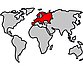 Zeichnung von den Kontinenten auf dieser Welt. Europa ist rot eingezeichnet.