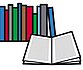 Zeichnung von Büchern, die nebeneinander stehen. Ein Buch liegt aufgeschlagen davor.