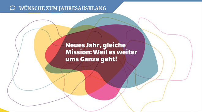 Titelbild der Jahresabschlusskarte mit dem Logo des 18. DJHT und dem Schriftzug "Neues Jahr, gleiche Mission: Weil es weiter ums Ganze geht!