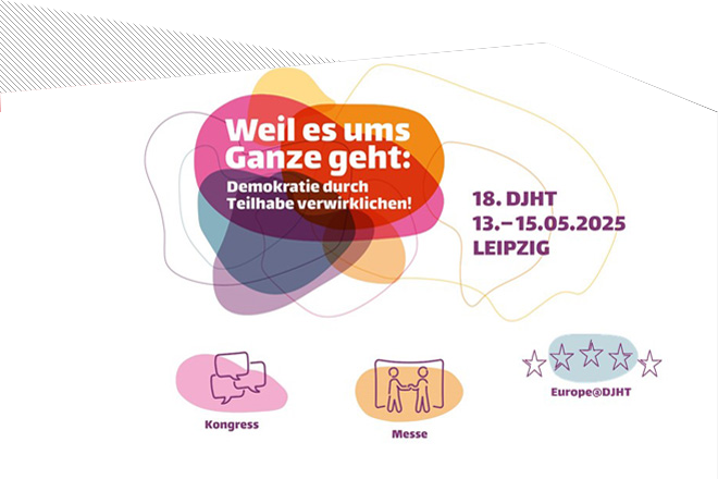 Logo des 18. Deutschen Kinder- und Jugendhilfetag mit Icon zur Fachmesse, zum Fachkongress und Europe@DJHT